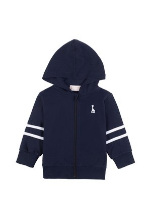 Navy blue children's zip-up hoodie with white double stripes on sleeves and small white giraffe logo on left chest.
