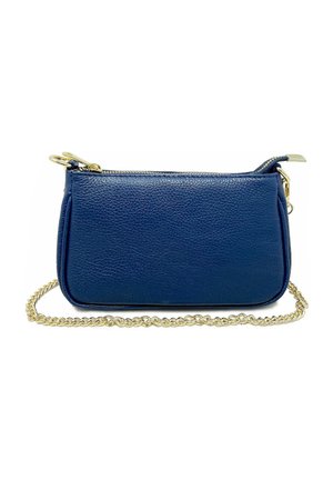 Borsa a tracolla in pelle blu navy con texture a grana, chiusura con zip e tracolla in catena dorata. Forma rettangolare con angoli arrotondati.