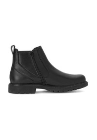 Zwarte leren enkellaarzen met zijritsen, gestructureerde afwerking, ronde neus en een chunky tread-zool voor grip.