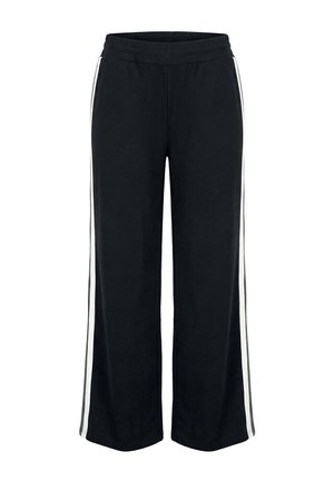 Sorte vidde bukser med hvide striber i siden og elastisk talje, lavet af blødt stof.