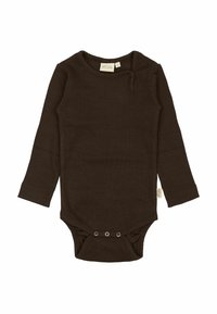 Tmavo hnedý dlhý rukáv detský body s patentmi v oblasti rozkroku a na pleciach, rebrovaná textúra látky a okrúhly výstrih.