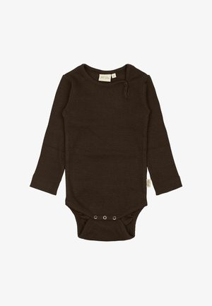 Tumma ruskea pitkähihaisella vauvan bodysuitilla, jossa on nepparityynyt haarassa ja olkapäillä, ribbikerroksinen kangas ja pyöreä pääntie.