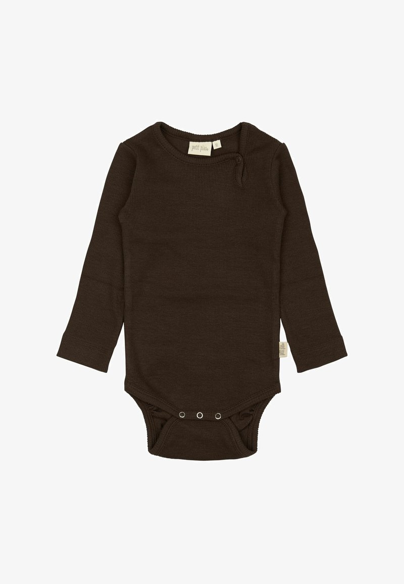 Bodysuit de bebé de manga larga en marrón oscuro con botonería a presión en la entrepierna y el hombro, textura de tela acanalada y escote redondo.