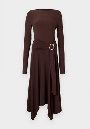 Long-sleeve brown dress made of soft fabric, featuring a twisted waist with a gold-tone accent buckle and an asymmetrical hemline.