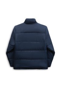 Navy blue padded jacket with a high collar, featuring horizontal stitching and a smooth texture. Back view shows no visible hardware.
