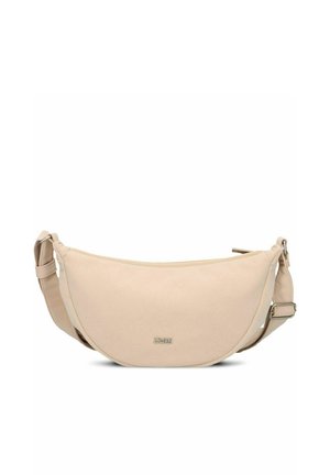 Beige Schultertasche mit weicher Stoffstruktur, geschwungener Form, verstellbarem Riemen und dezentem Logo-Detail auf der Vorderseite.