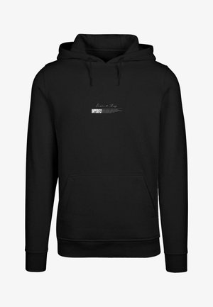 Crna dukserica izrađena od mekanog materijala, s prednjim džepom, kapuljačom na izlačenje i bijelim grafičkim printom s riječju "LEPTIR."