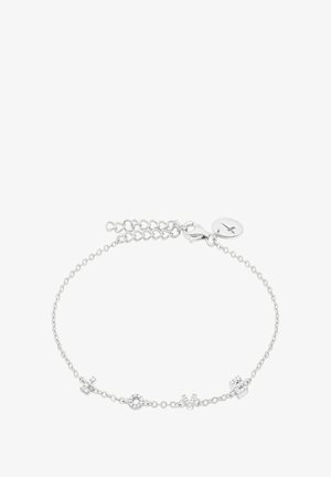 Silberne Kettenarmband mit runden und sternförmigen Akzenten, verziert mit klaren Zirkonia-Details, gesichert mit einem Karabinerverschluss.