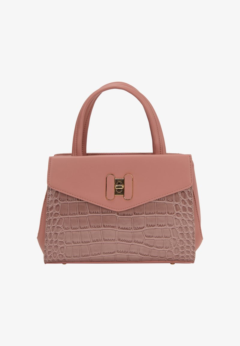 Lyserød håndtaske med et tekstureret krokodillemønster på den nederste halvdel, glat øverste sektion, en guld lås og to runde håndtag.