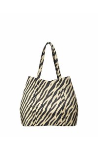 Sac fourre-tout beige avec un motif à rayures zébrées noires. Doté de deux poignées solides, d'une large ouverture et d'une texture lisse.