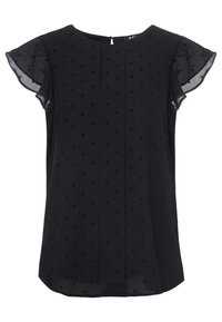 Svart blus med genomskinliga kortärmar, stjärnmönstrad textur, rund halsringning och en liten nyckelhålsöppning bak.