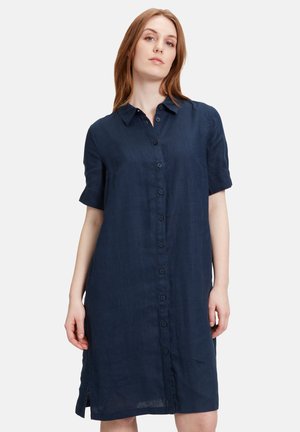Navyblaues Leinenkleid mit durchgehender Knopfleiste, kurzen Ärmeln und seitlichen Schlitzen. Es hat einen Kragen und eine lockere Passform.