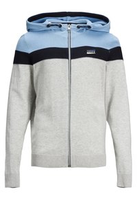 Felpa grigia con zip e design a blocchi di colore blu e navy. Presenta un cappuccio con cordino, polsini a costine e una toppa con logo sul petto.