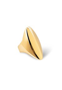 Anello dorato con un design ovale allungato e liscio, con una finitura lucida. Presenta una banda larga che si stringe sul retro.