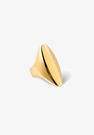 Goldfarbener Ring mit einem glatten, länglichen ovalen Design und einer polierten Oberfläche. Verfügt über ein breites Band, das hinten verengt ist.