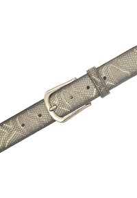 Ceinture en cuir avec un motif serpent dans des tons beige et gris, dotée d'une boucle en métal doré et de plusieurs trous d'ajustement. Texture lisse et bords propres.