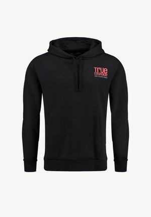 Sudadera negra hecha de tela suave, con un bolsillo frontal, cordón ajustable y texto rojo que dice "VERDADERO VALOR" en el pecho.
