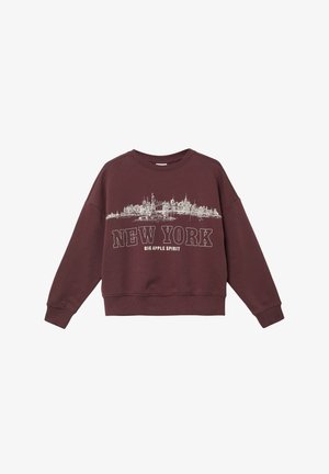 Bordowy sweatshirt z białą grafiką przedstawiającą panoramę miasta oraz napisem "NEW YORK BIG APPLE SPIRIT". Zawiera ściągacze przy mankietach i u dołu.