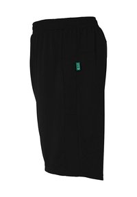 Zwarte sportshorts met een elastische tailleband, zijzakken en een groen logo-label. Gemaakt van lichtgewicht, ademend materiaal.