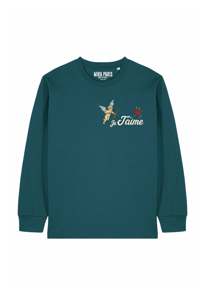 T-shirt à manches longues bleu sarcelle en coton, orné d'un motif de chérubin et du texte brodé "je t'aime" sur le devant.