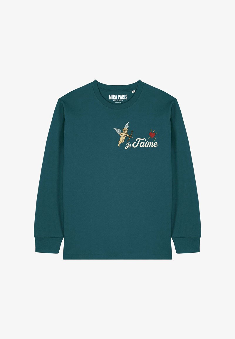T-shirt à manches longues bleu sarcelle en coton, orné d'un motif de chérubin et du texte brodé "je t'aime" sur le devant.