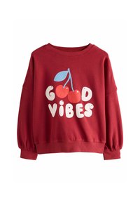 Felpa rossa in cotone con colletto a girocollo, polsini a costine e stampa grafica di ciliegie con il testo "GOOD VIBES" in bianco.