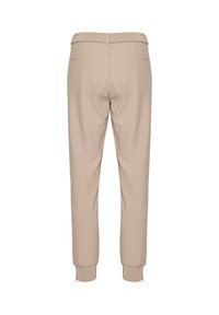 Beige kalhoty s hladkou texturou, které mají přiléhavý střih, elasticé manžety a dvě zadní kapsy. Pás je navržen pro pohodlí.
