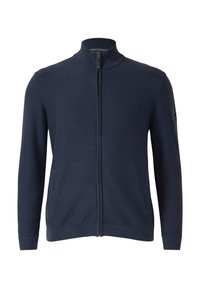 Marineblauwe cardigan met rits, gemaakt van glad gebreid materiaal. Voorzien van een hoge kraag, geribbelde manchetten en zijzakken. Eenvoudig ontwerp zonder patronen.