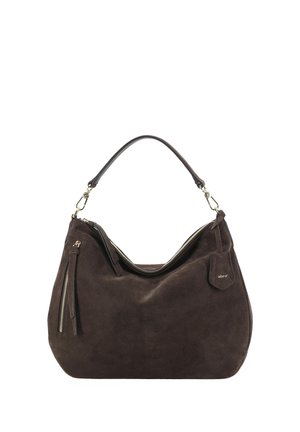 Dark brown suede handbag with single shoulder strap, front zipper pocket, and small branded leather tag on plain white background.