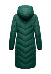 Giacca a vento verde con cappuccio, caratterizzata da un motivo a zigzag, maniche lunghe e chiusura a bottone in fondo. Adatta per il freddo.