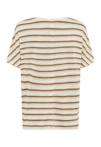 T-shirt à manches courtes beige et marron avec des rayures horizontales, coupe simple et droite, col rond, vu de dos.