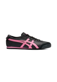 Black leather athletic shoe featuring pink accents, a low-profile design, rounded toe, and textured rubber sole for traction.