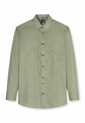 Long-sleeve button-up shirt in light green with small white geometric pattern, spread collar, and dark buttons down the front.