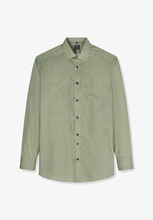 Langärmeliges Hemd in Hellgrün mit kleinem weißem geometrischem Muster, weiter Kragen und dunklen Knöpfen vorne.