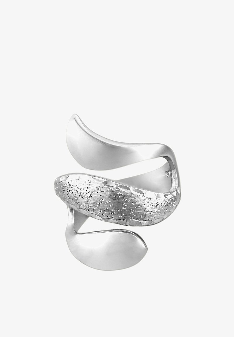 Silberring mit wellenförmigem Design in polierter und strukturiertem Oberfläche. Sanfte Kurven verbinden sich mit einem musterverzierten Band.