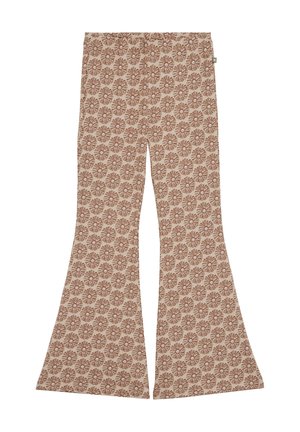 Bež hlače z razširjenimi hlačnicami, potiskane z rjavim cvetličnim vzorcem po celotni površini, z elastičnim pasom.