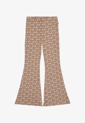 Pantalon beige évasé avec un motif floral marron couvrant l'ensemble et une taille élastique.