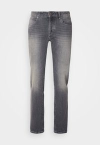 Jeans din denim gri cu croială dreaptă, având estompare pe coapse, design cu cinci buzunare și închidere cu buton argintiu la talie.