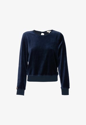 Long-sleeve navy blue velvet top with round neckline, ribbed cuffs and hem, and a small back button closure.
