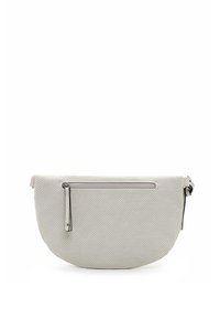 Borsa a tracolla in materiale perforato grigio chiaro, dalla forma semicircolare, con tasca con zip e dettagli in hardware argentato.