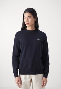 Pull en tricot bleu marine avec un col rond, des manches longues et des poignets côtelés ; présente un petit logo de crocodile vert sur la poitrine gauche.