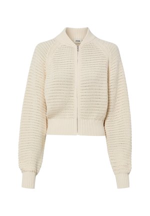 Cremefarbener Strick-Cardigan mit Reißverschluss, langen Ballonärmeln, gerippten Bündchen, Saum und Kragen in einem strukturierten offenen Strickmuster.