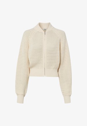 Cardigan zippé en maille couleur crème avec manches longues ballon, poignets, ourlet et col côtelés dans un motif en maille ouverte texturée.