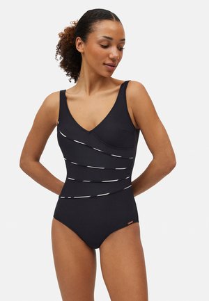 Bañador negro con diseño de escote en V y rayas blancas horizontales en el torso. Textura suave con tirantes ajustables.