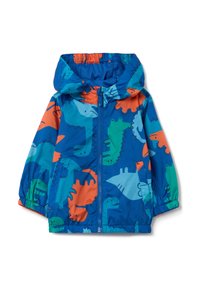 Veste bleue avec des motifs de dinosaures en vert, orange et bleu clair. Dotée d'une capuche, d'une fermeture éclair et de poignets élastiques. Matériau léger et résistant à l'eau.