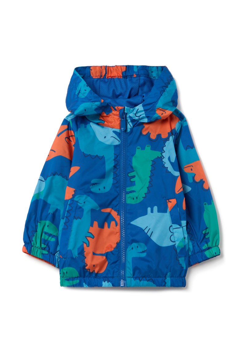 Veste bleue avec des motifs de dinosaures en vert, orange et bleu clair. Dotée d'une capuche, d'une fermeture éclair et de poignets élastiques. Matériau léger et résistant à l'eau.