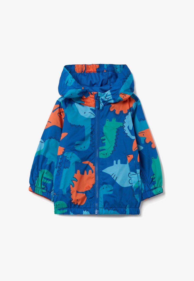 Blaue Jacke mit Dinosaurier-Mustern in Grün, Orange und Hellblau. Mit Kapuze, Reißverschluss und elastischen Bündchen. Leichtes, wasserabweisendes Material.