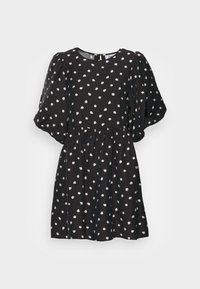 Mustapukuinen lyhyt mekko, jossa on puhallettuja puolihihastoita ja valkoinen päivänkakkara kukkakuosi, kerätty vyötärö ja pyöreä pääntie, jossa on takanappi kiinnitys.