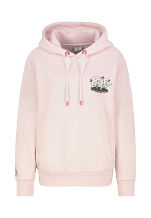 Light pink hoodie made of soft fabric featuring a front kangaroo pocket, drawstring hood, and embroidered graphic with text "Exploding Emotions."