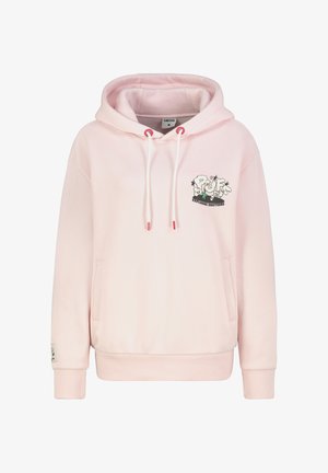 Hellrosa Kapuzenpullover aus weichem Stoff mit Vordertasche, verstellbarer Kapuze und gesticktem Motiv mit dem Text "Exploding Emotions".